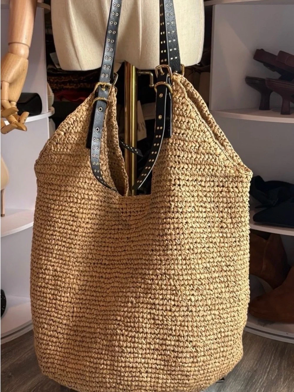 Madewell Woven Straw Tote Bag with Black Studded Straps